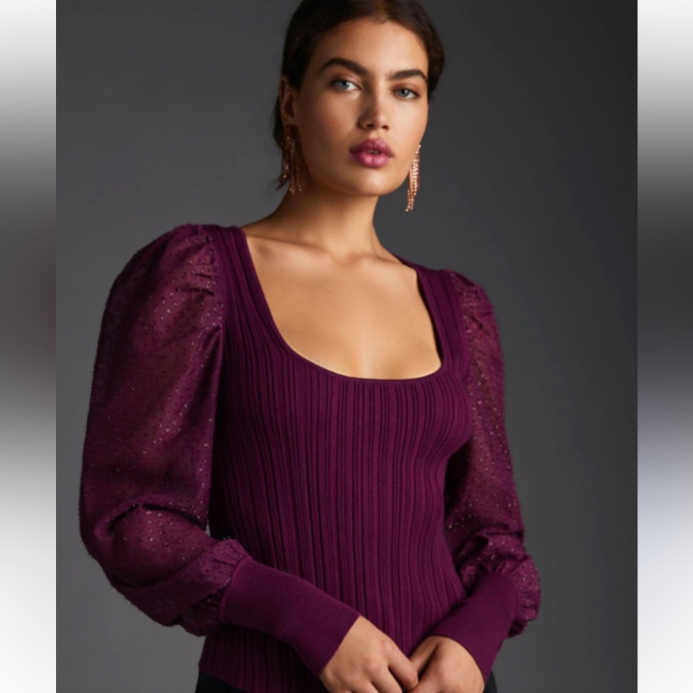 Anthropologie Puff-Sleeve Shimmer Plum Ribbed Knit Top Sheer Puff Sleeves Boho S